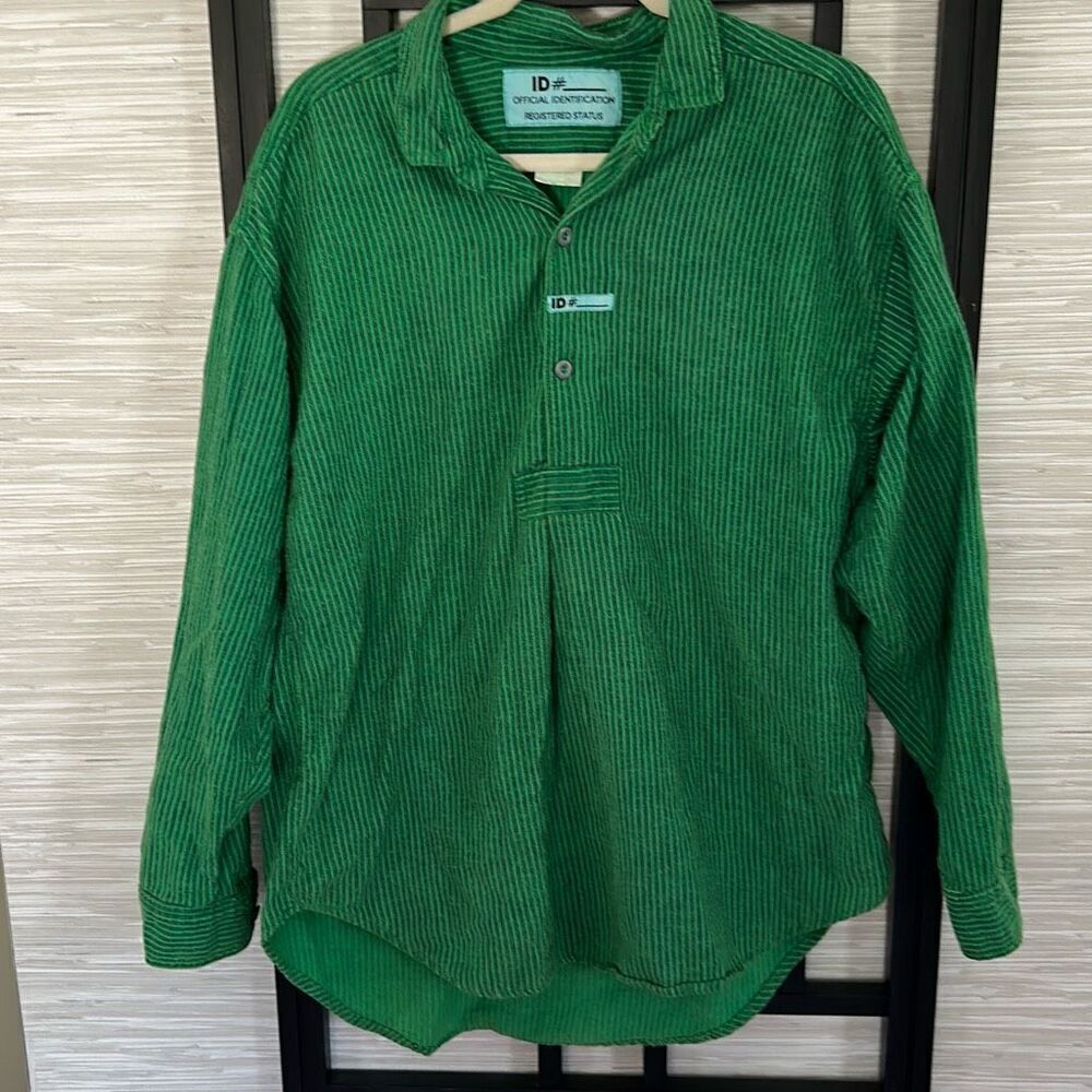 ID# Official Identification green vintage men's Casual pinstriped  80s 90s (l/xl
